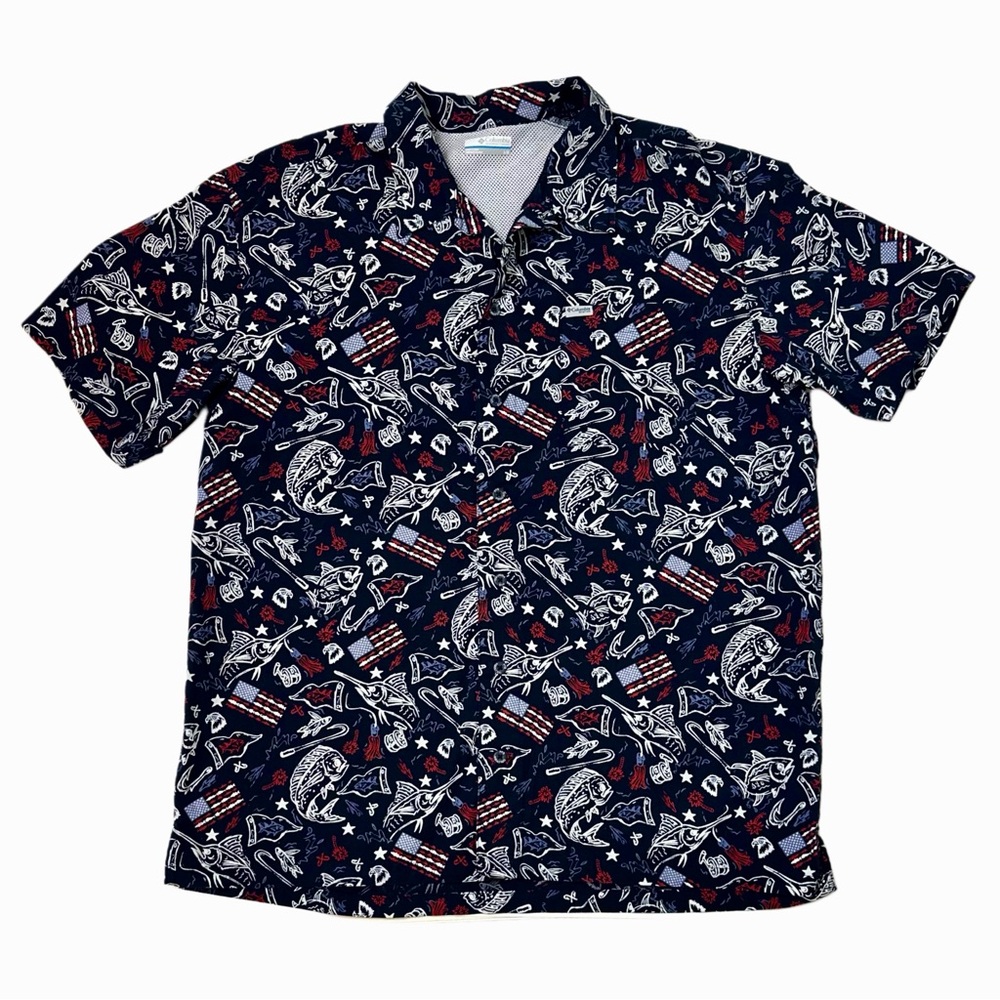 Columbia PFG‎ Fishing Shirt American Flag Patriotic Marlin Navy Mens Large